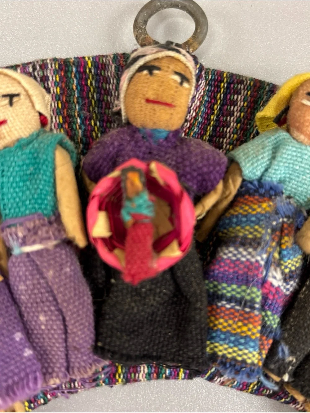 Vintage Handmade Guatemalan Worry Dolls Wreath FOLK ART Woven Cloth Tribal 11”